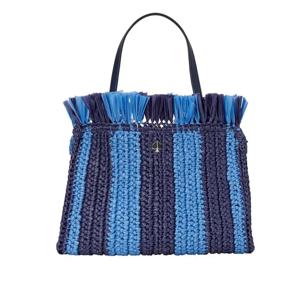 NWT Kate Spade Sam Blue & Navy Striped Straw Medium Satchel
